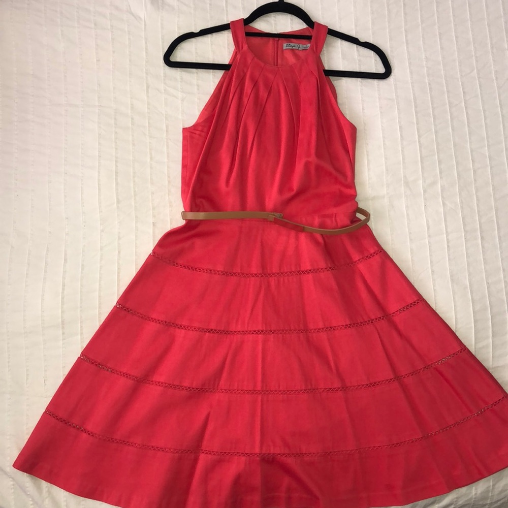 Halter fit & flare mid-length dress with belt